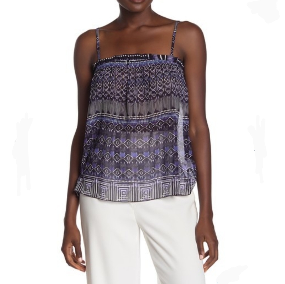 Tart Tank Camisole Sleeveless Square Neckline Ruffled Sheer Blue Ikat M NWT